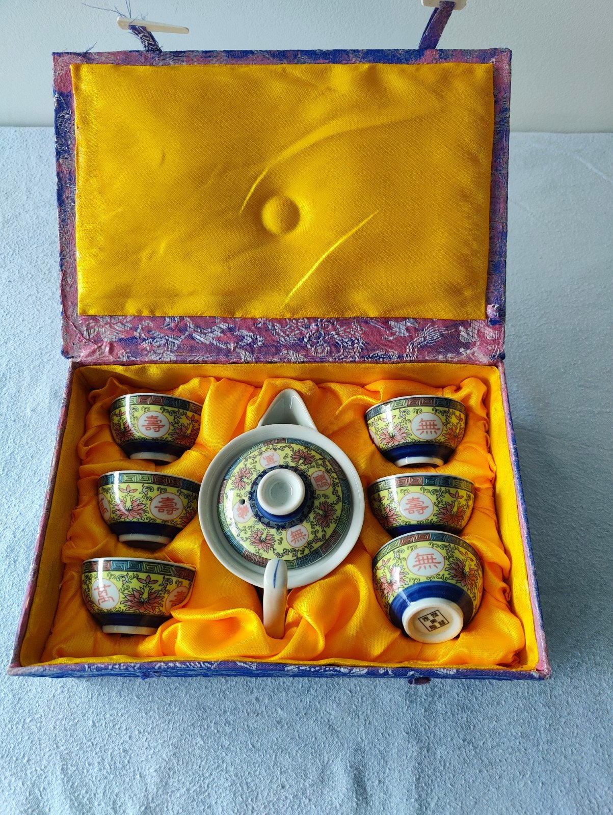 Vintage Chinees theeservies in zijden doos, Ophalen of Verzenden