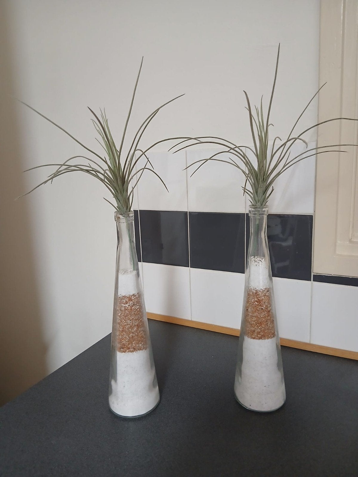 Set van 2 glazen vaasjes met kunstbloemen - 35/50cm, Huis en Inrichting, Woonaccessoires | Vazen, Ophalen, Gebruikt, Transparant
