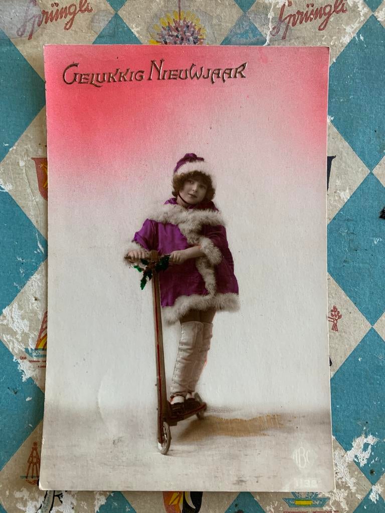 Gelukkig Nieuwjaar - meisje op step (NN), Ophalen of Verzenden, 1920 tot 1940, Gelopen, Feest(dag)
