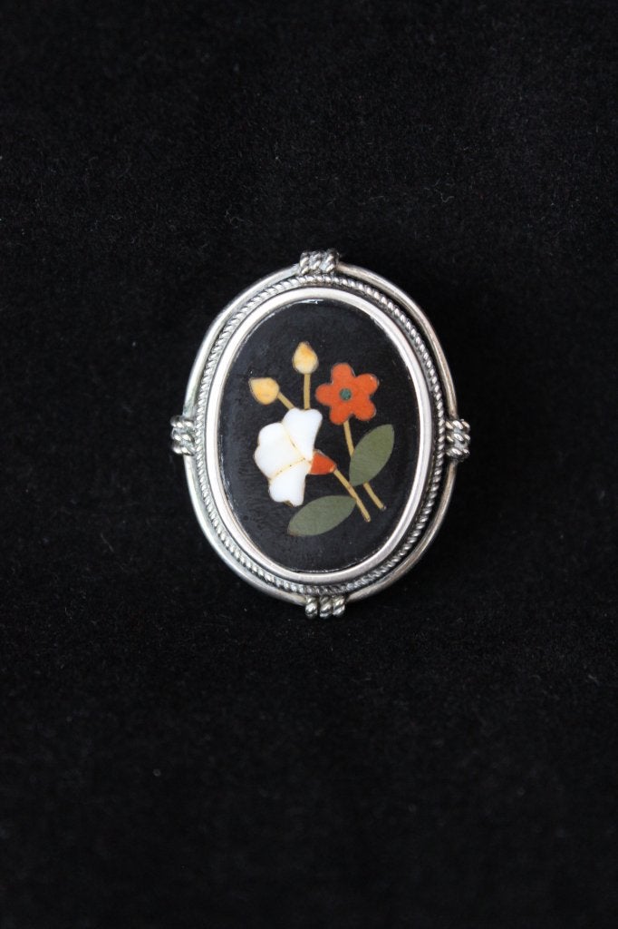 Antieke Italiaanse zilver Pietra dura broche c 1890, Ophalen, Dames
