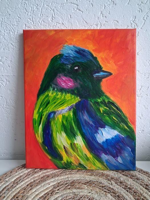 schilderijtje vogeltje 24x30 Acrylverf, Minder dan 50 cm, Oorspronkelijke maker, Nieuw, Ophalen of Verzenden