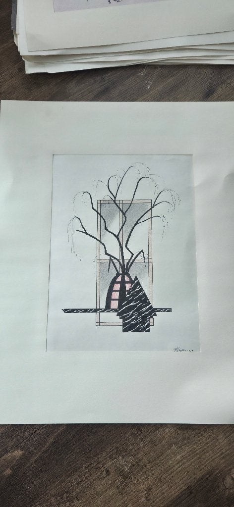Takken in vaas op marmer, Antiek en Kunst, Ophalen, Aquarel, Stilleven, Papier/karton