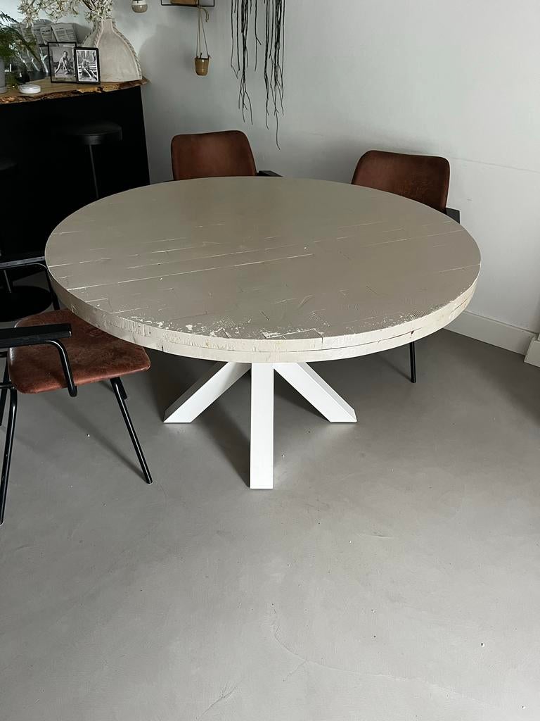 Ronde eettafel met wit spinpoot onderstel, Ophalen, Gebruikt, 100 tot 150 cm, Rond