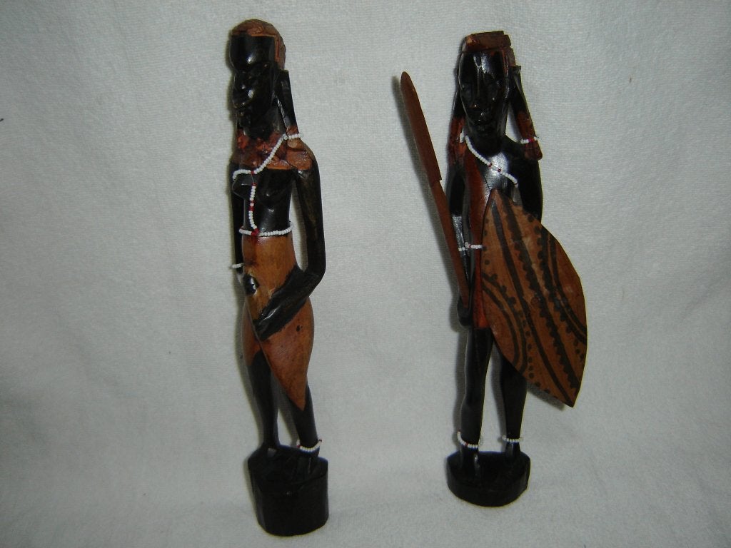 Houtsnijwerk (Masai Man en vrouw), Ophalen, Afrika, Beschilderd, Houtsnijwerk