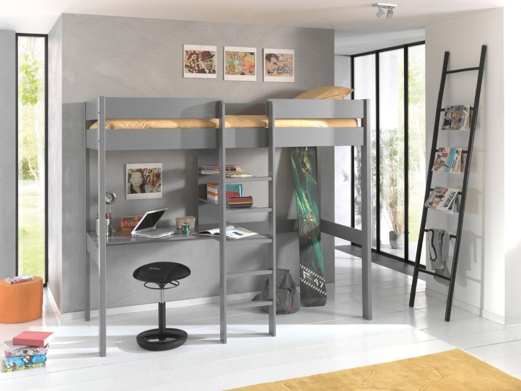 Pino hoogslaper met klein bureau - 90x200 - Grijs, Niet ingevuld, Niet ingevuld, Niet ingevuld