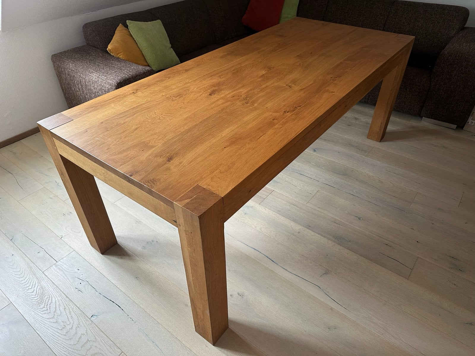 Massief eikenhouten eettafel - 210x90x77 cm, Ophalen, Gebruikt, Eikenhout, 200 cm of meer