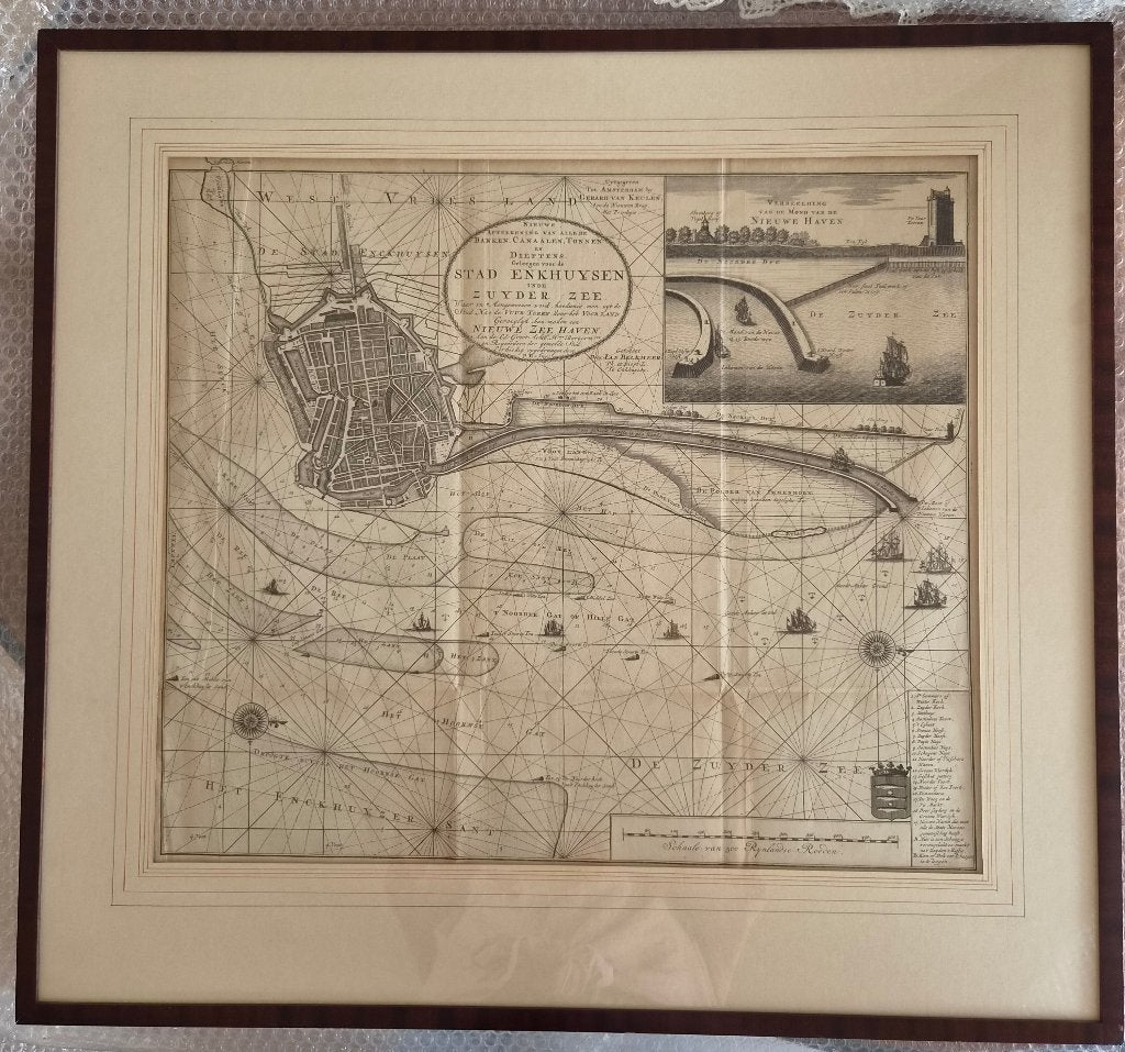 Antieke kaart van Enkhuizen en de Zuiderzee, Ophalen, Cartografie, Gravure, 72 cm