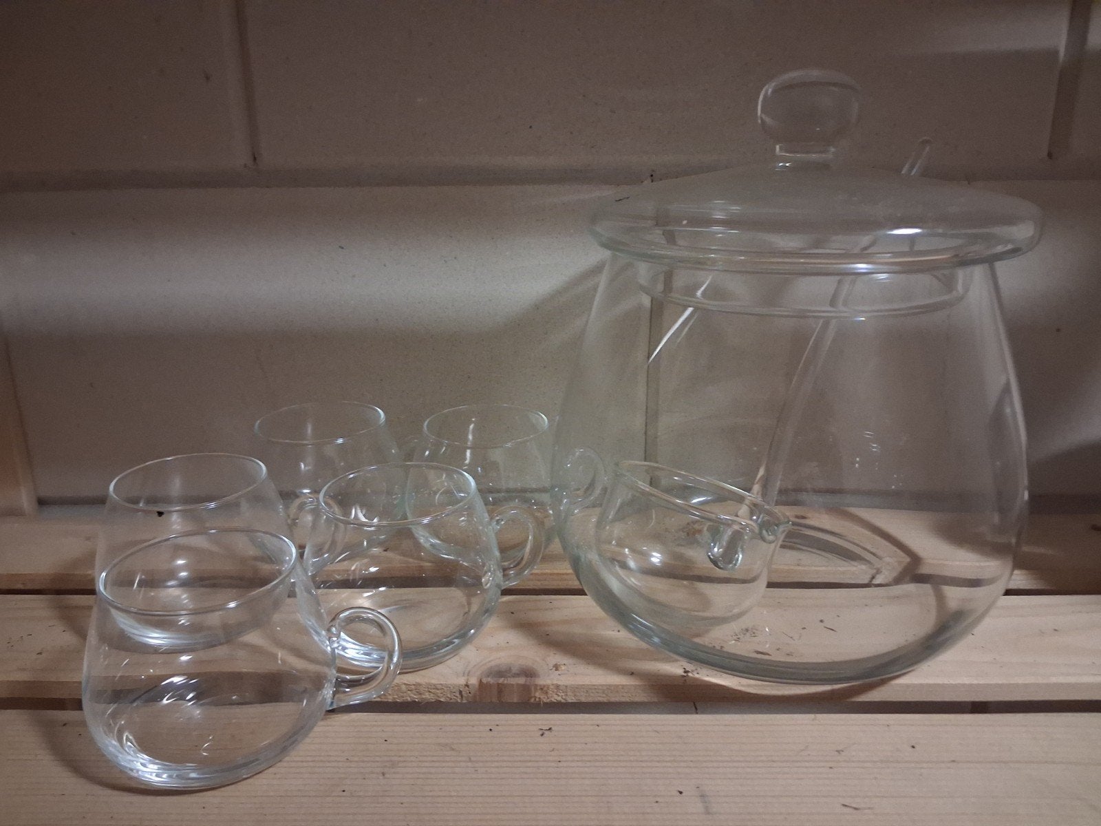 Glazen punchkom met 5 bijpassende kopjes, Ophalen, Glas of Glazen, Gebruikt, Glas