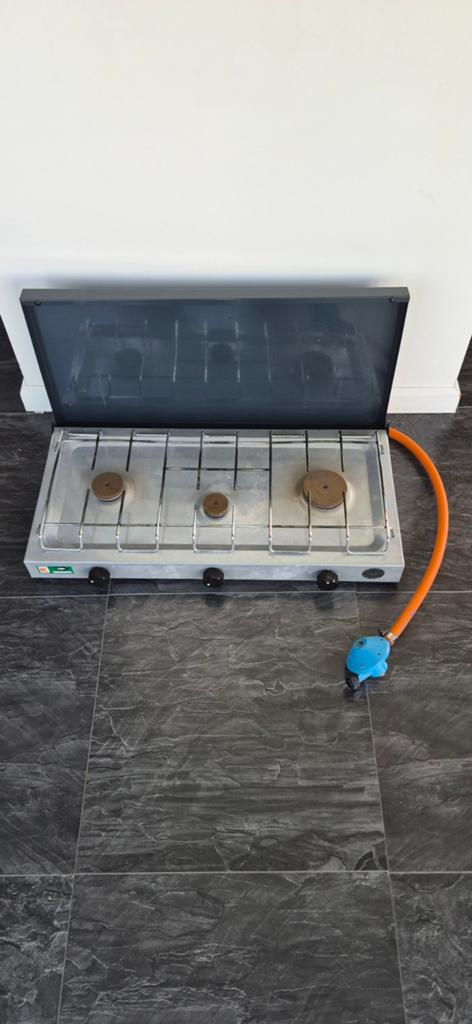 Gimeg Techimpex 3-pits campin gasfornuis met slang, Caravans en Kamperen, Kampeeraccessoires, Ophalen, Gebruikt