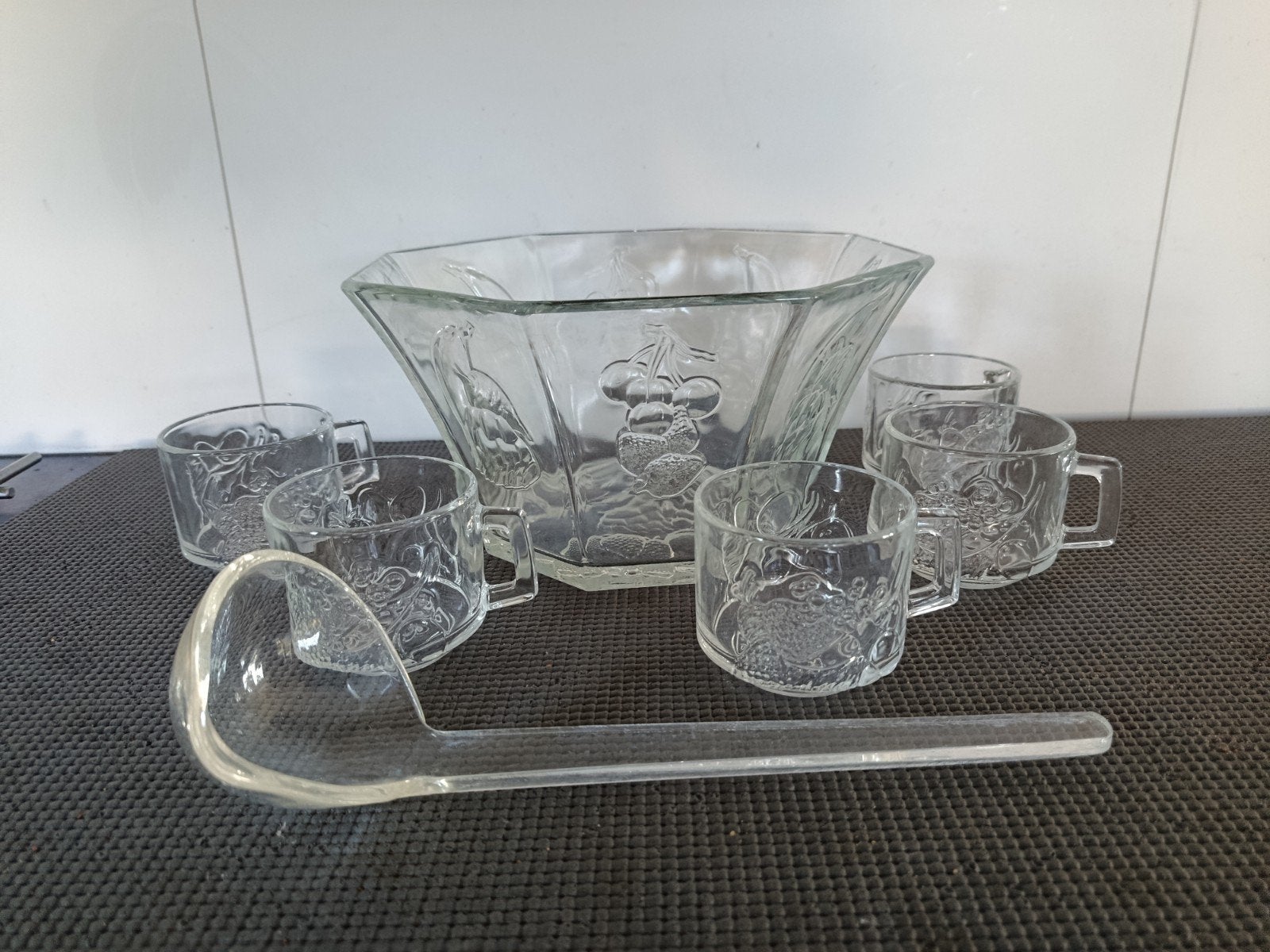 Vintage Glazen Punch Set met kom, pollepel en 5 kopjes, Ophalen of Verzenden