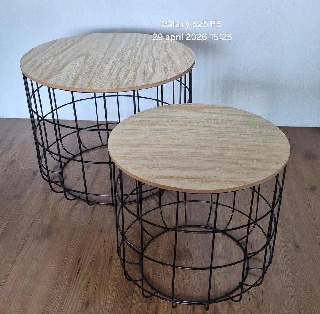 Set bijzettafels met triplex houten blad - 50 cm en 40 cm, Ophalen, Gebruikt, Rond, Hout