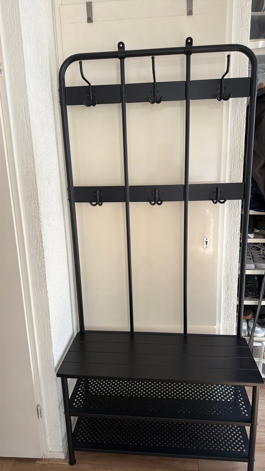 IKEA Kapstok met bankje en schoenenrek - Zwart metaal, Ophalen of Verzenden, Zo goed als nieuw, Metaal, Staande kapstok