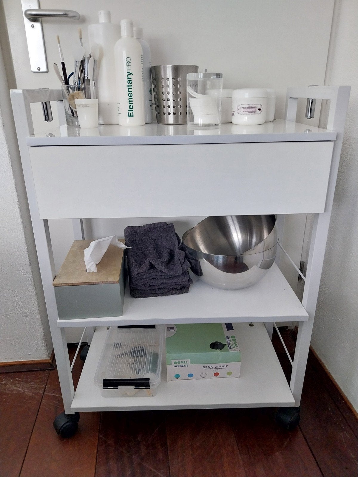 Witte trolley met lade en wielen, Ophalen, Gebruikt