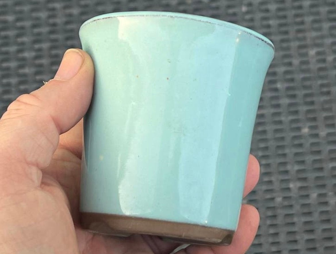 Bonsai pot rond licht blauw geglazuurd Japans 8,5x8,6, Rond, Ophalen of Verzenden, Zo goed als nieuw, Aardewerk