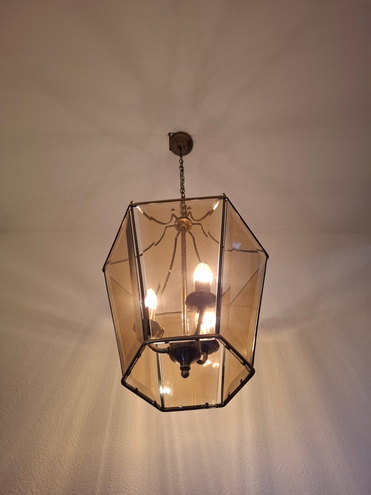 lamp bronzen lantaarn hanglamp glas, Ophalen, Zo goed als nieuw, Glas
