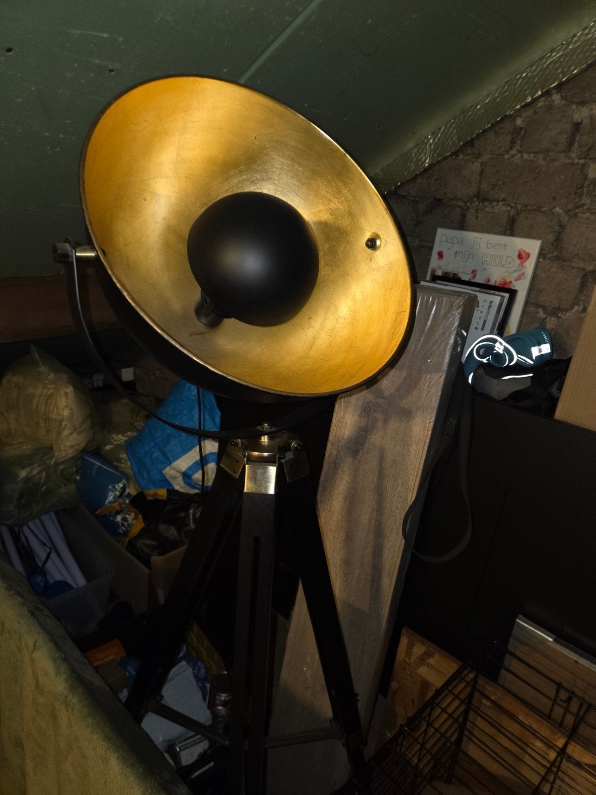 Grote zwarte vloerlamp met gouden binnenkant, Ophalen, Gebruikt, 100 tot 150 cm, Industrieel, Modern