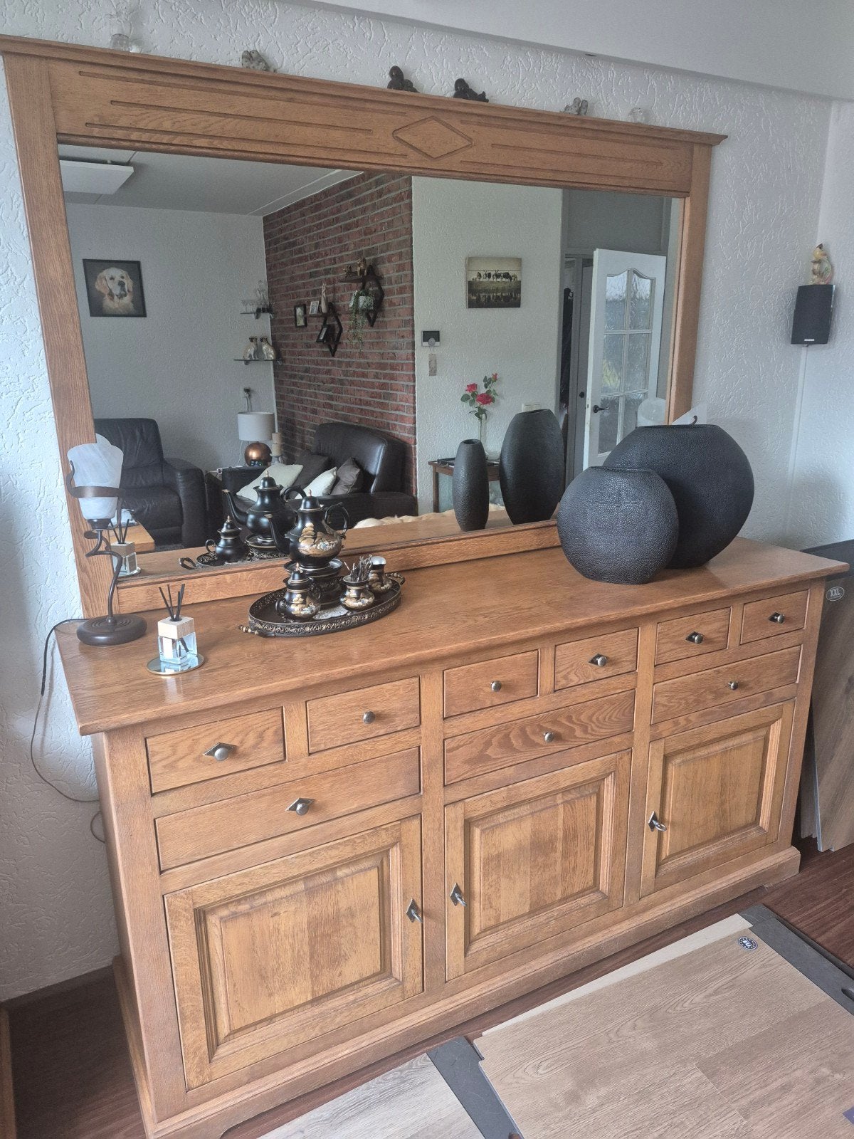 Eikenhouten dressoir met spiegel - Klassiek en ruim, Ophalen, Gebruikt, Klassiek, 150 tot 200 cm