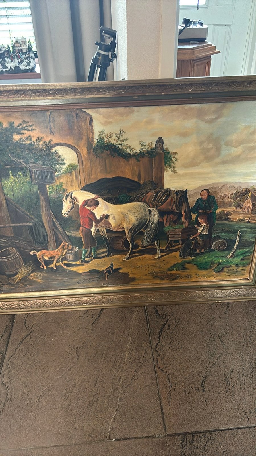 Oud schilderij met paarden en figuren - Klassieke kunst, Antiek en Kunst, Kunst | Schilderijen | Klassiek, Ophalen of Verzenden