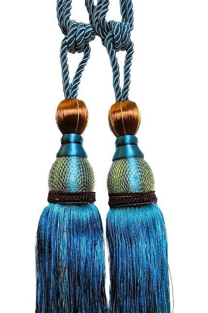 2x Groot gordijn kwasten / embrasses klassiek blauw met goud