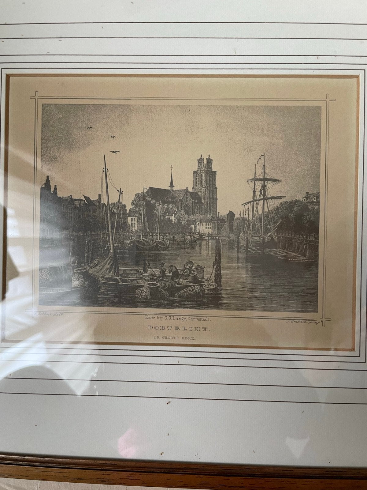 Antieke Ets Dordrecht Grote Kerk - G.C. Lange Darmstadt, 1800 - 1899, Stadsgezicht, Ophalen of Verzenden, Met tekst
