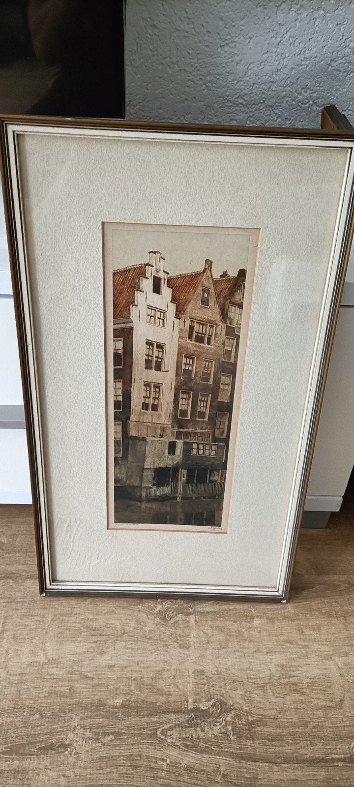Ets van Amsterdamse grachtenpanden, gesigneerd, Ophalen, Ets, Stadsgezicht, Ingelijst