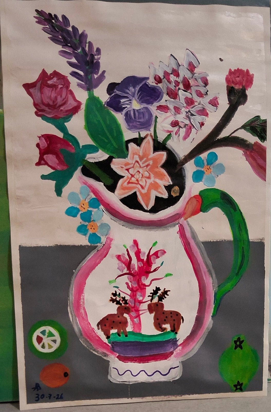 Kleurrijk stilleven met bloemen en herten in kan, Antiek en Kunst, Kunst | Schilderijen | Klassiek, Acrylverf, Overige stijlen