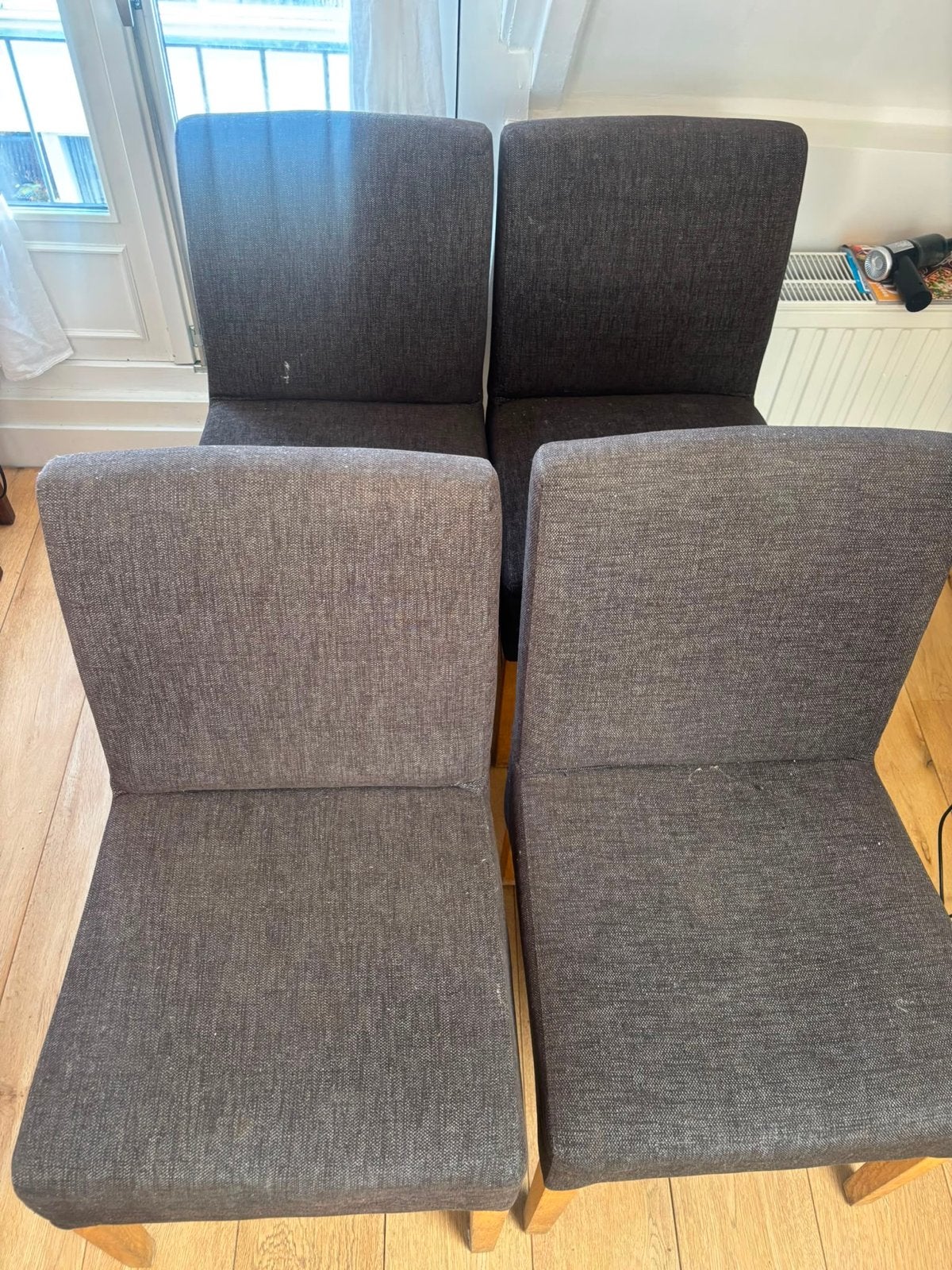Set van 5 donkergrijze eetkamerstoelen, Ophalen, Gebruikt, Vier, Grijs