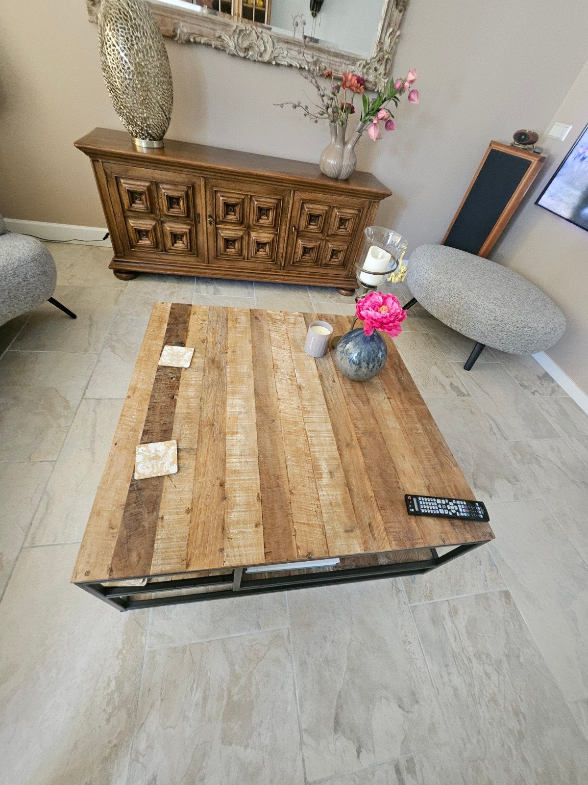 Salontafel van hout en metaal, Huis en Inrichting, Tafels | Salontafels, Zo goed als nieuw, 50 tot 100 cm, 100 tot 150 cm, Rechthoekig
