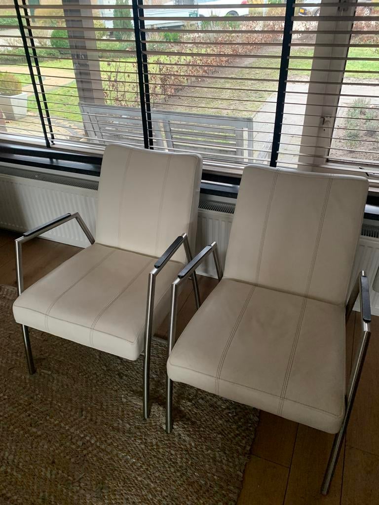 Lederen fauteuils Henders & Hazel, wit leer en RVS, Ophalen, Zo goed als nieuw, 50 tot 75 cm, Leer
