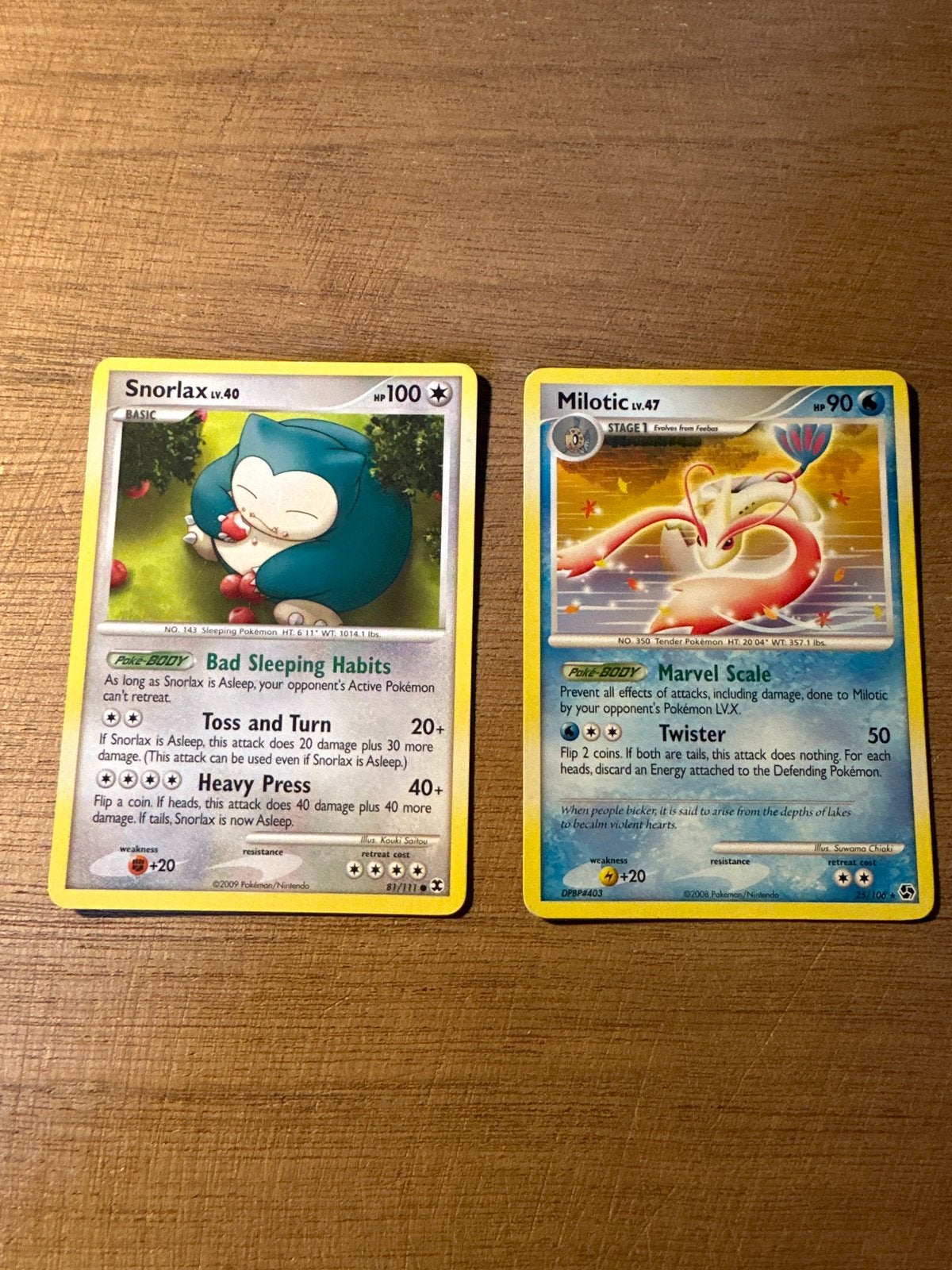 Pokémon kaarten 2008-2009: Snorlax en Milotic, Hobby en Vrije tijd, Verzamelkaartspellen | Pokémon, Ophalen of Verzenden, Gebruikt