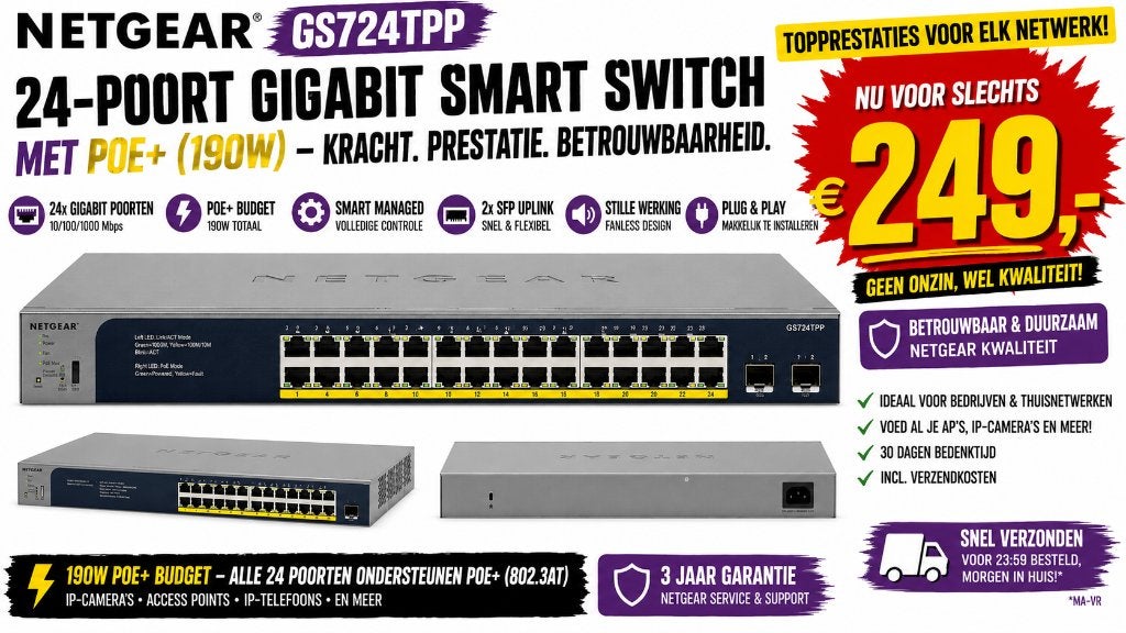 NETGEAR GS724TPP – Professionele 24 Poorts PoE+ Smart Switch, Computers en Software, Ophalen of Verzenden, Nieuw