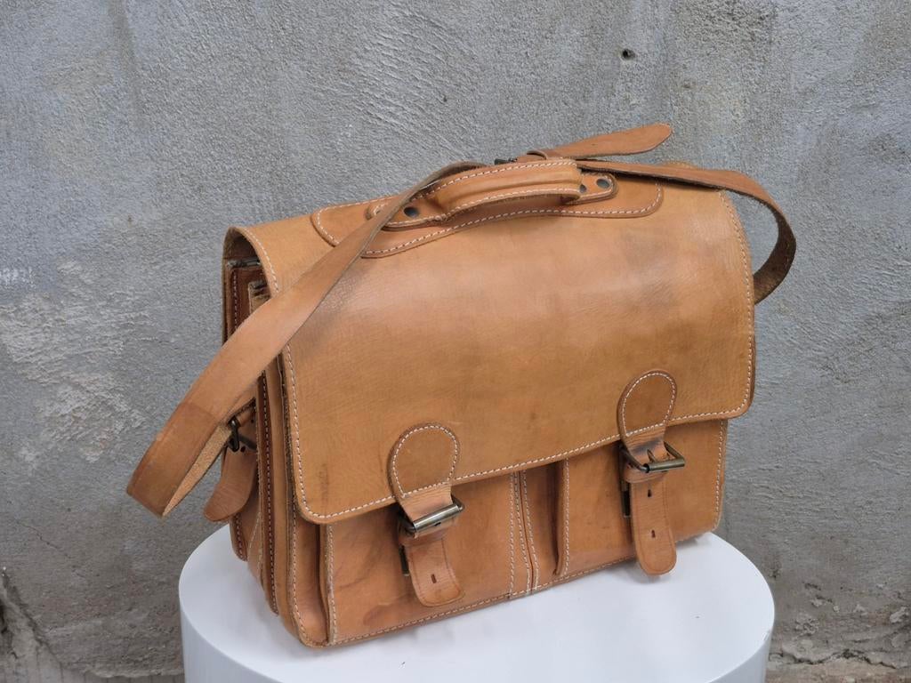Original ruitertassen old skool leren boekentas laptoptas, Ophalen, Gebruikt, Bruin, 30 tot 40 cm