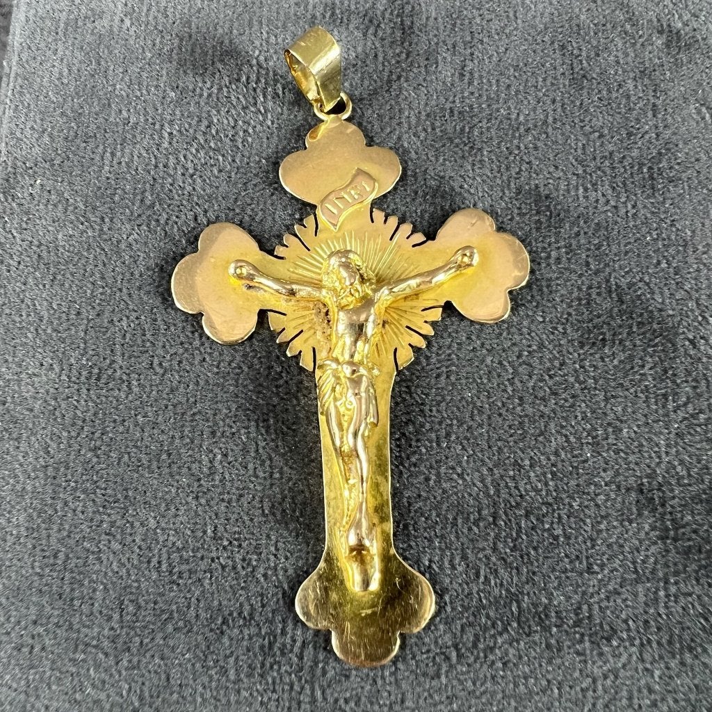 Gouden Hanger | 14k | 15,52g | kruis corpus | 7,4cm | 414883, Gebruikt, Ophalen of Verzenden, Kruis of Symbool, Goud