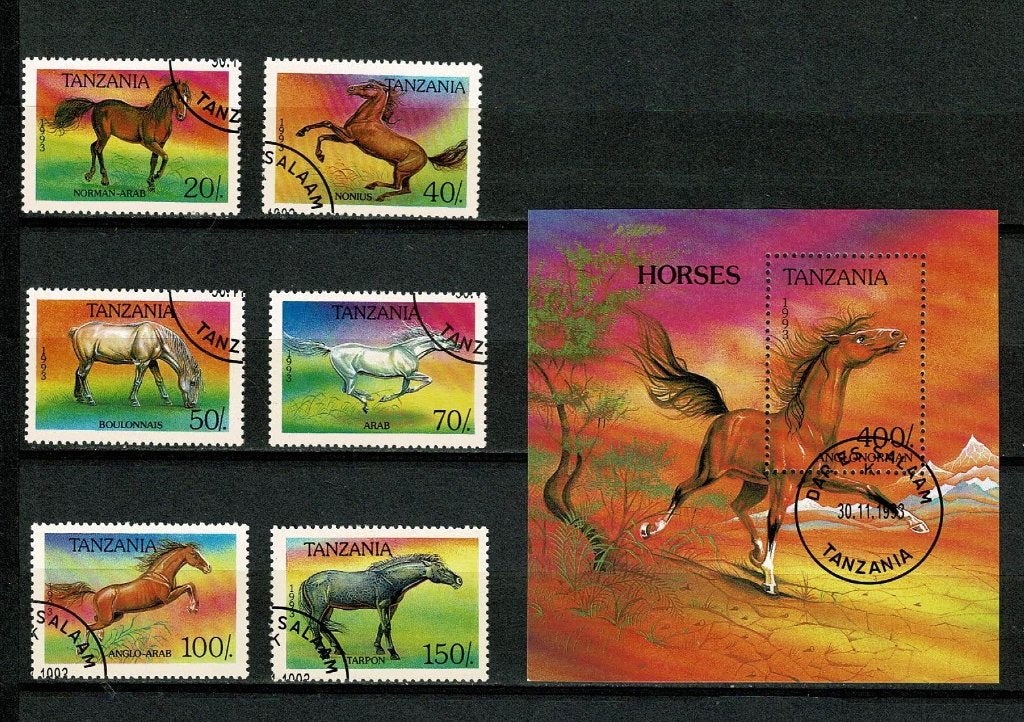 Paarden : serie met blok Tanzania - 1993, Verzenden, Gestempeld, Dier of Natuur