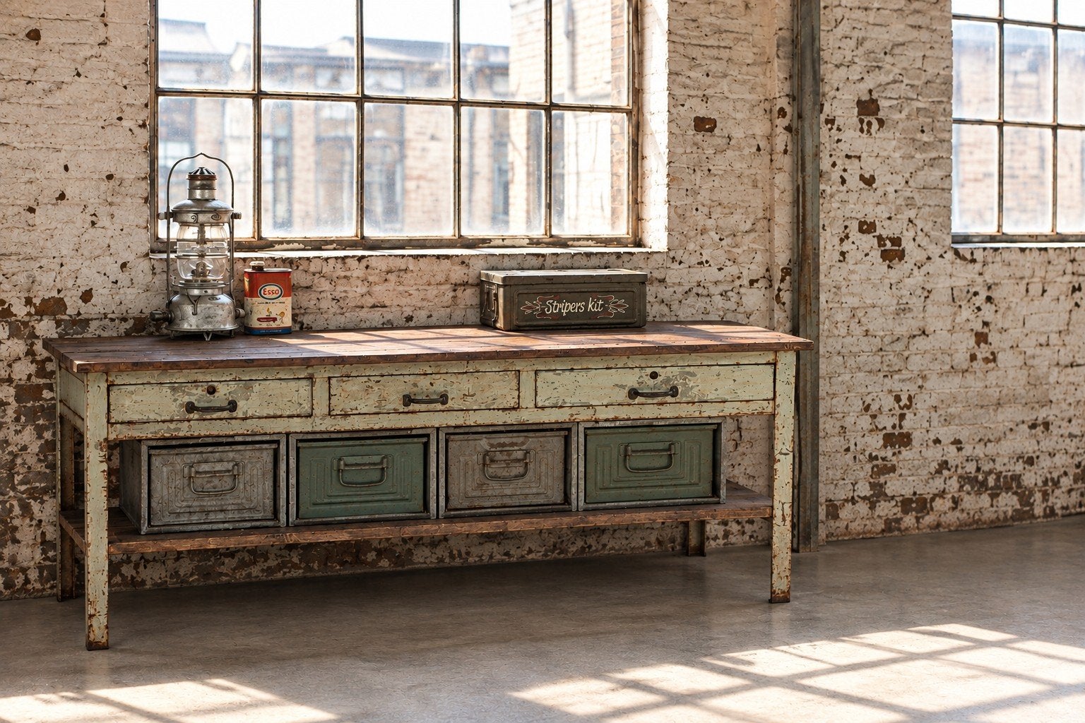Vintage Werkbank met Patina en Opbergruimte