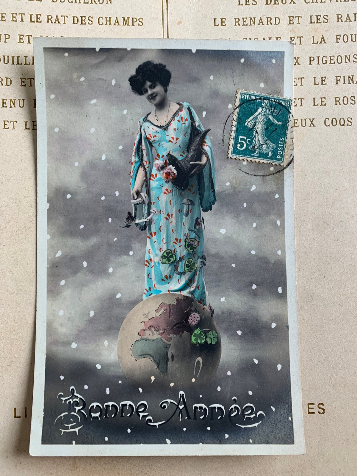 1911 Bonne Année - dame op wereldbol (VA), Ophalen of Verzenden, Voor 1920, Gelopen, Feest(dag)