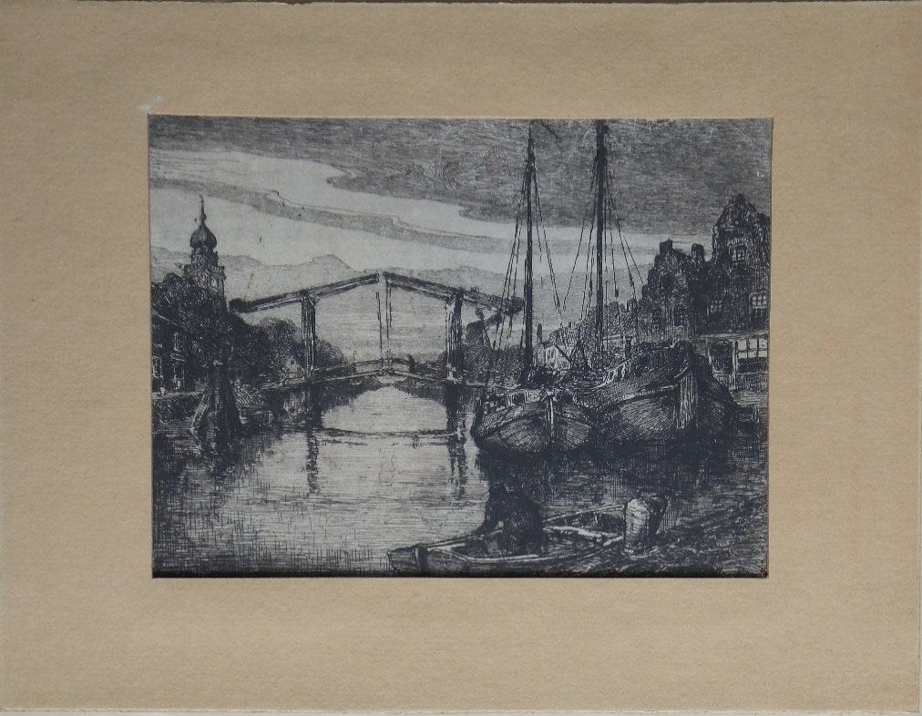 Oskar Paul Matthes ets "Gracht Avondstemming" passepartout, Ophalen, 1800 - 1899, Ets, Stadsgezicht