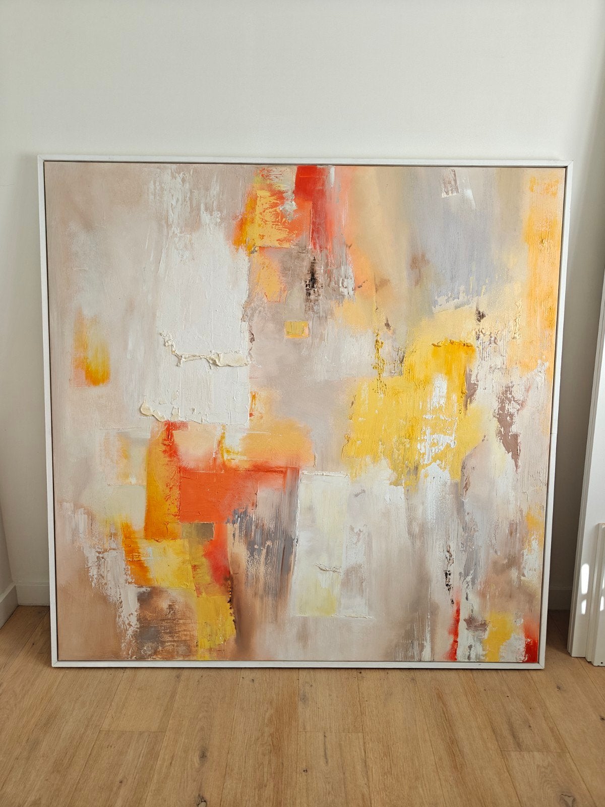 Groot abstract schilderij 150x150 cm - Oranje, Geel, Grijs, Antiek en Kunst, Kunst | Schilderijen | Abstract, Ophalen of Verzenden