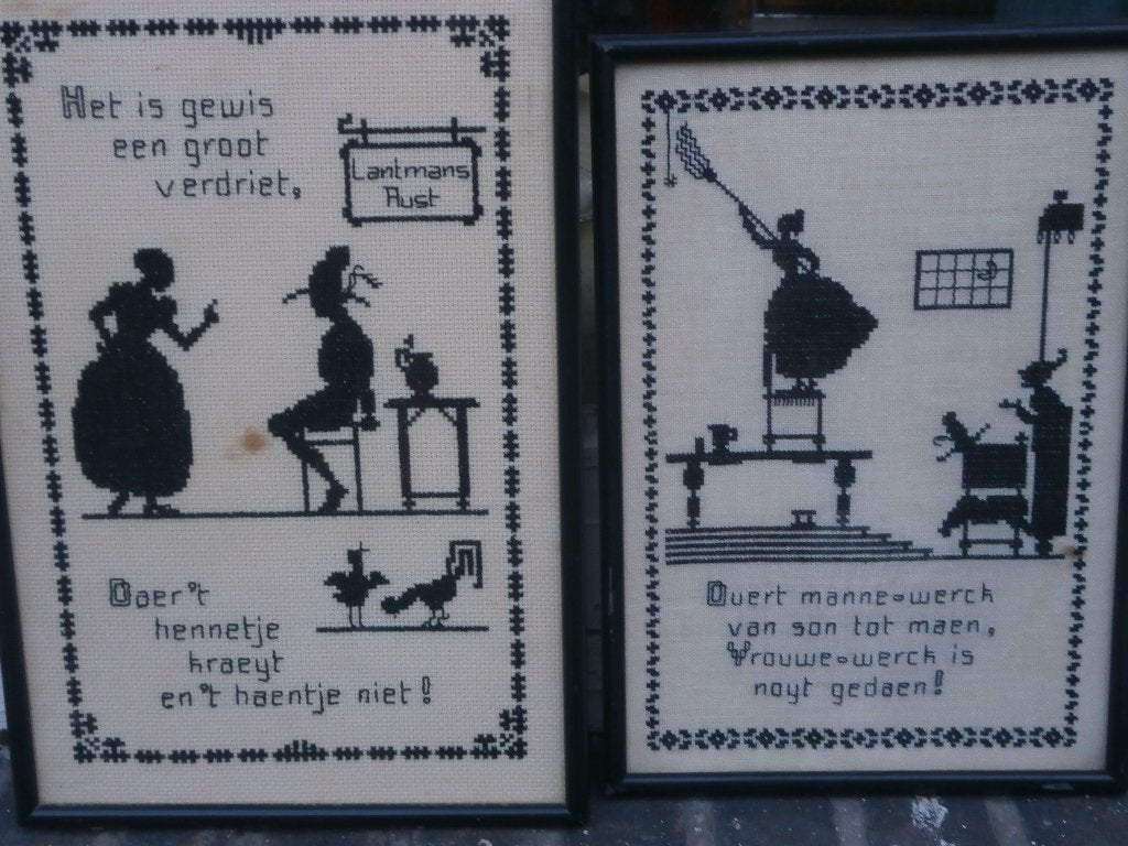 2 Dialectische gehaakte schilderijtjes in mooie lijstjes, Antiek en Kunst, Kunst | Schilderijen | Klassiek, Ophalen, Expressionistisch