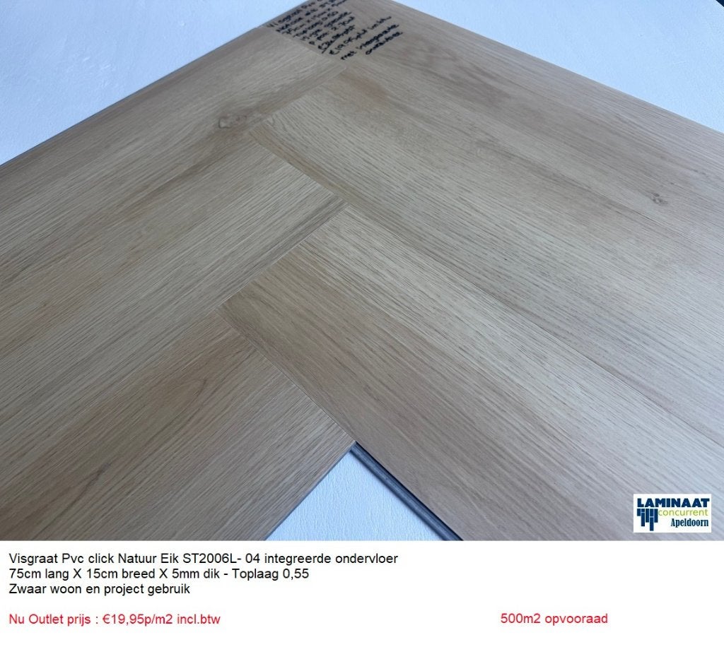 Visgraat Pvc click Natuur Eik integreerde ondervloer €19,95, 75 m² of meer, Nieuw, Ophalen of Verzenden, Beige