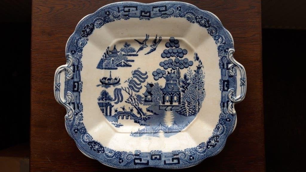 Antieke Wedgwood Willow serveerschaal, blauw-wit, Ophalen of Verzenden
