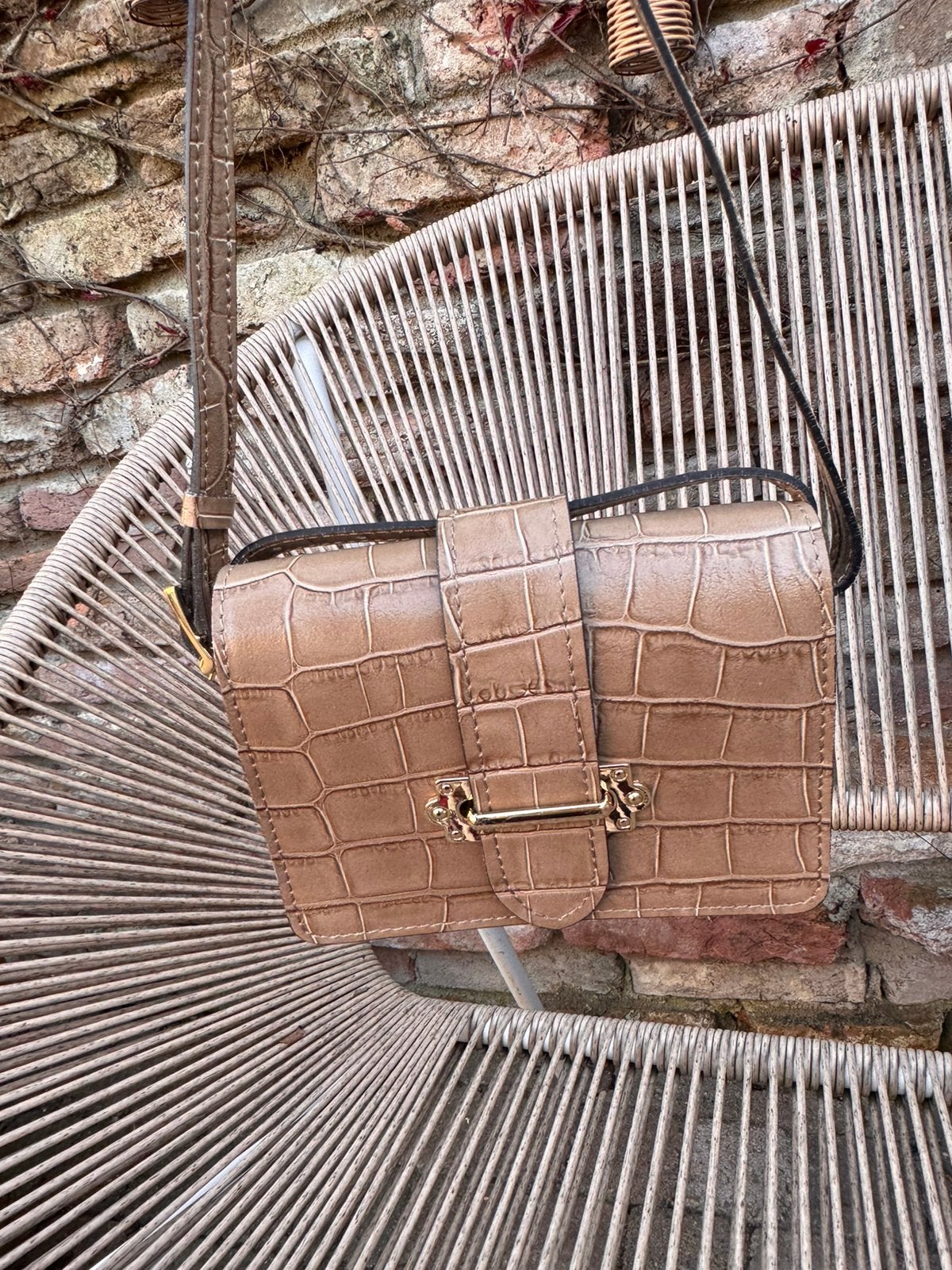 Leren italiaanse tas krokodillen print taupe, Ophalen of Verzenden, Nieuw, Overige kleuren, Handtas