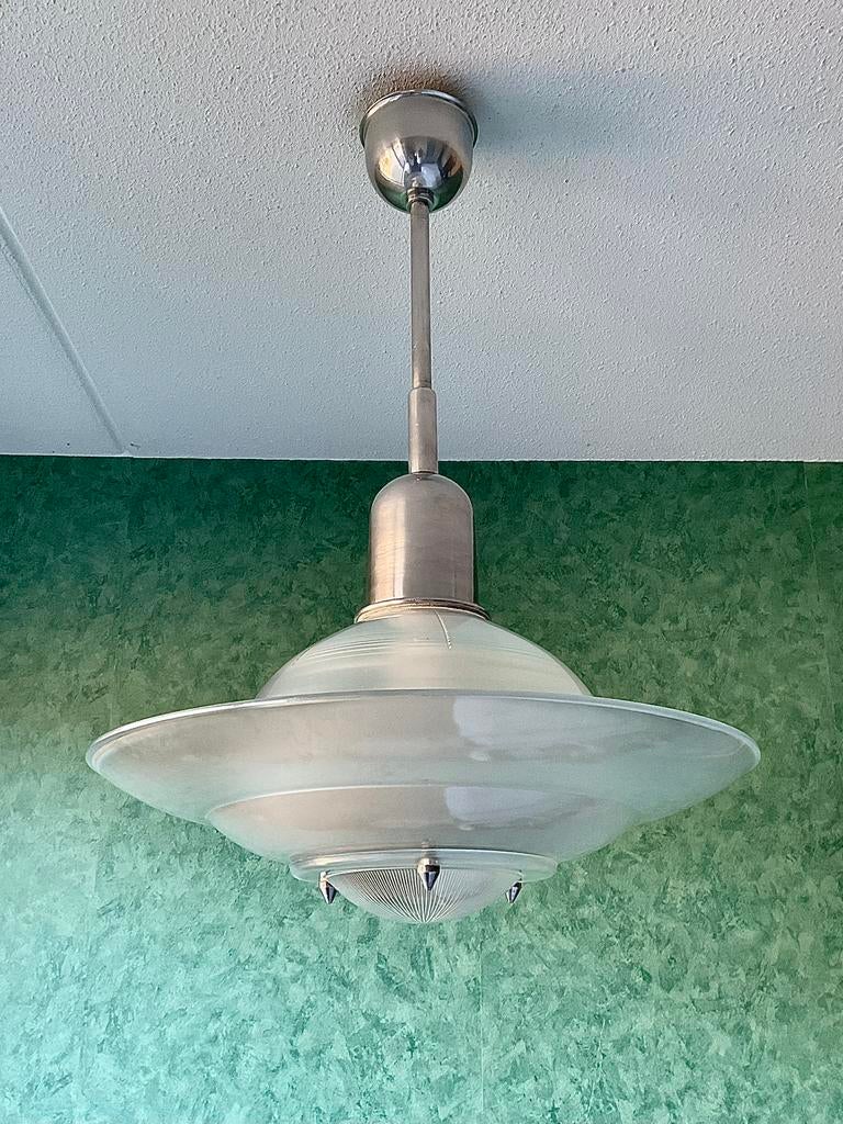 50’s Art Deco Holophane UFO Hanglamp. Schaal MATGLAS Ø 46 CM, Ophalen of Verzenden, Zo goed als nieuw