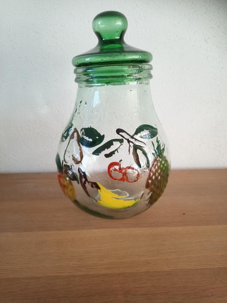 Zeer oud Rumtopf glas met fruitdecoratie, Ophalen of Verzenden