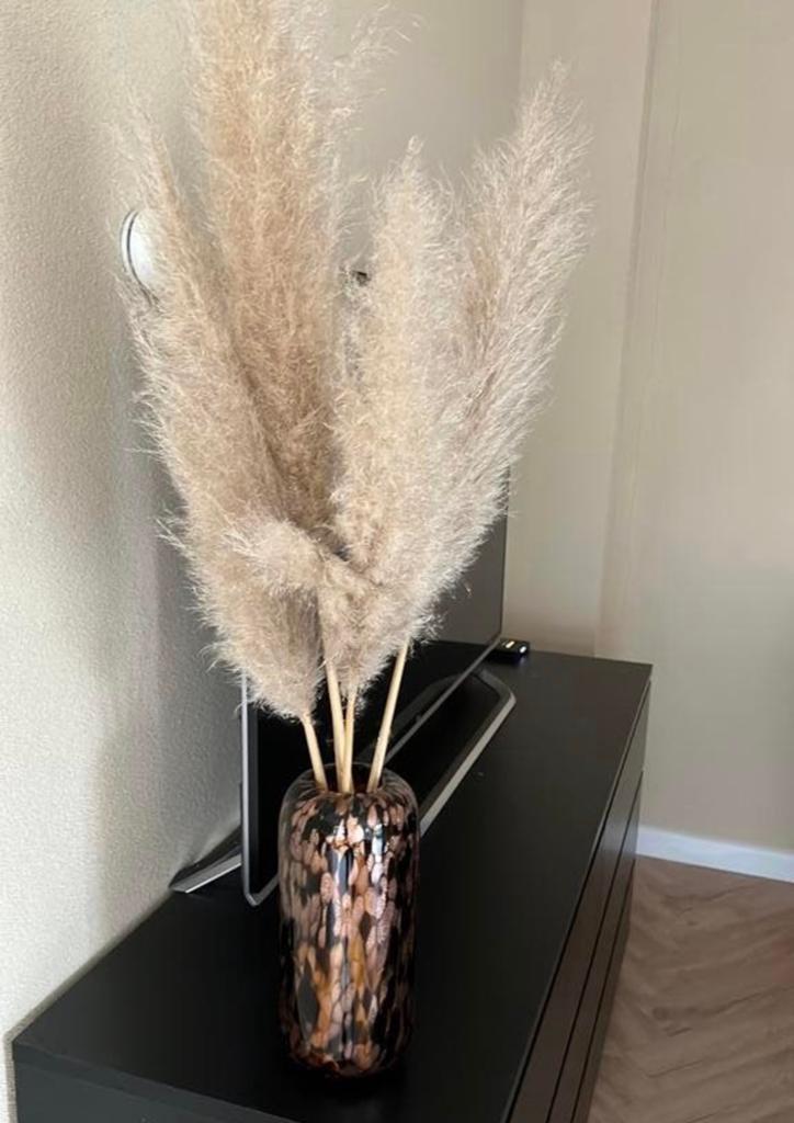 Panter vaas met pampas pluimen, Overige kleuren, Ophalen of Verzenden, Minder dan 50 cm, Glas