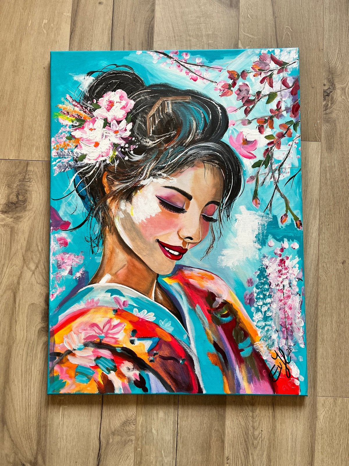Schilderij "Oriental Spirit" - Acryl op doek, 55x75 cm, Handgeschilderd, Ophalen of Verzenden, Textiel, Figuren