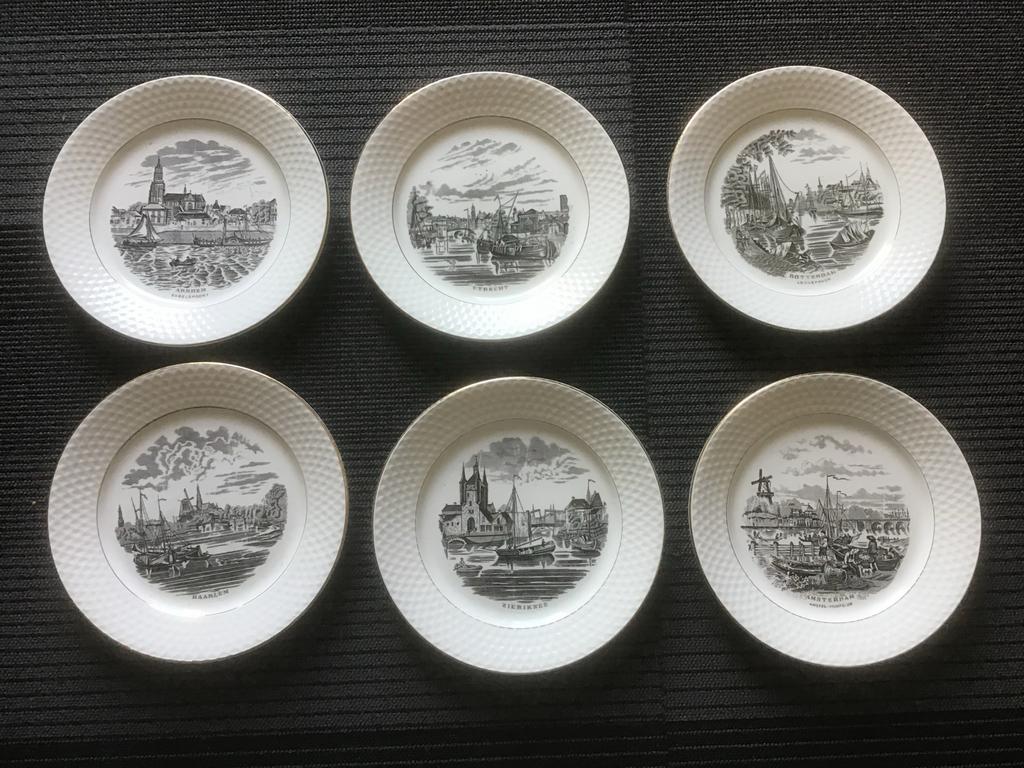 6 Antieke Petrus Regout Borden - Stadsgezichten Nederland, Antiek en Kunst, Ophalen of Verzenden
