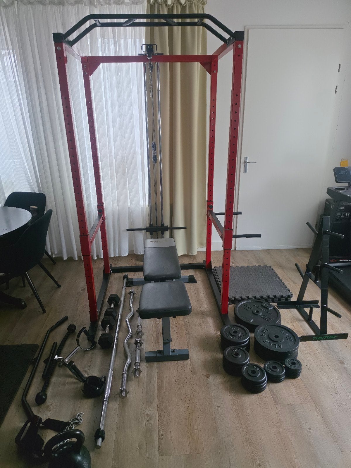complete fitness set power rack 127kg bankje dumbells stang, Ophalen, Gebruikt, Benen, Fitnessbank