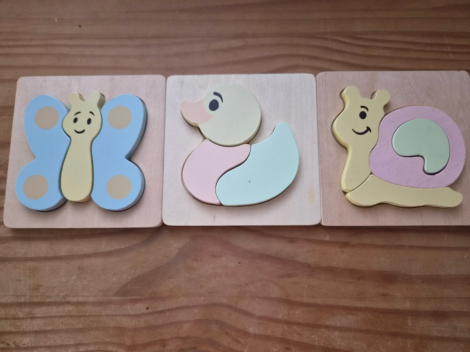 Houten puzzel set met vlinder, slak en eend, Ophalen
