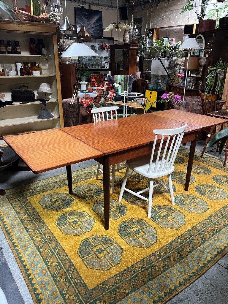 8) Vintage Teakhouten Eettafel met Uitschuifbladen., Ophalen, Huis en Inrichting